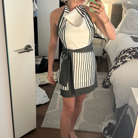 Striped Halter Cowl-Neck Zipper Short Dress - Picture 4 of 4